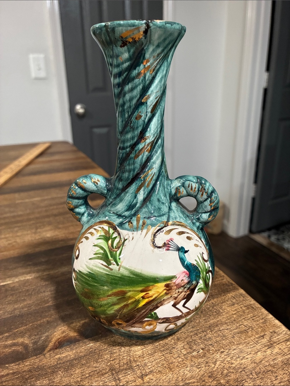 Vintage Teal and Gold Peacock Hand-Painted Ceramic Vase